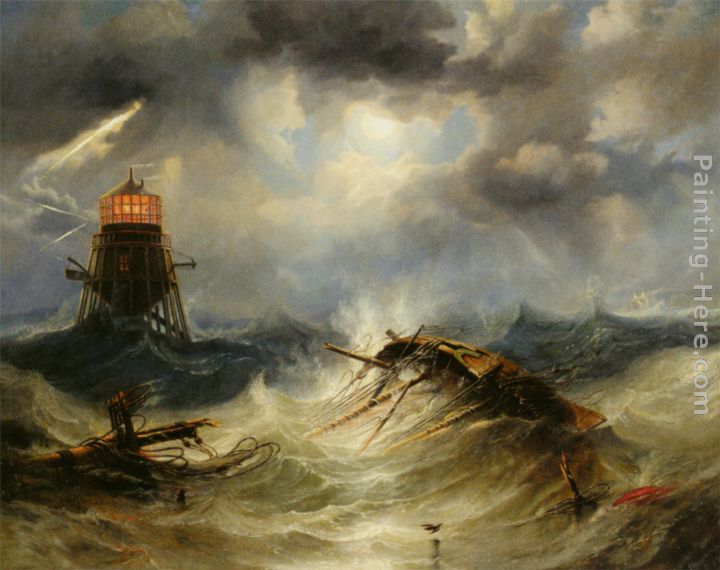 The Irwin Lighthouse Storm Raging painting - James Wilson Carmichael The Irwin Lighthouse Storm Raging art painting